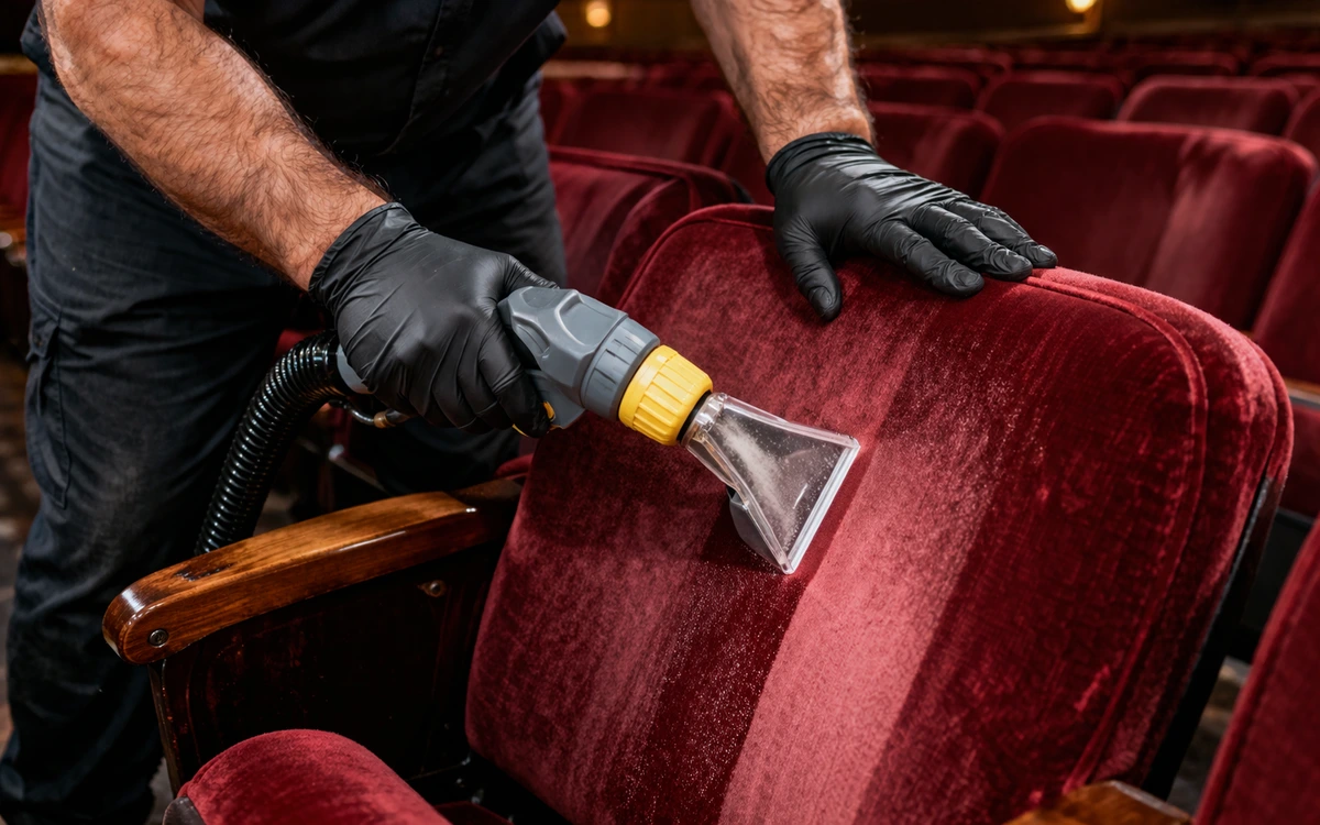 Professional theater cleaning vacuuming auditorium seats